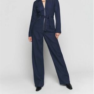 Reformation Olivia Denim Dark Blue Belted Jumpsuit